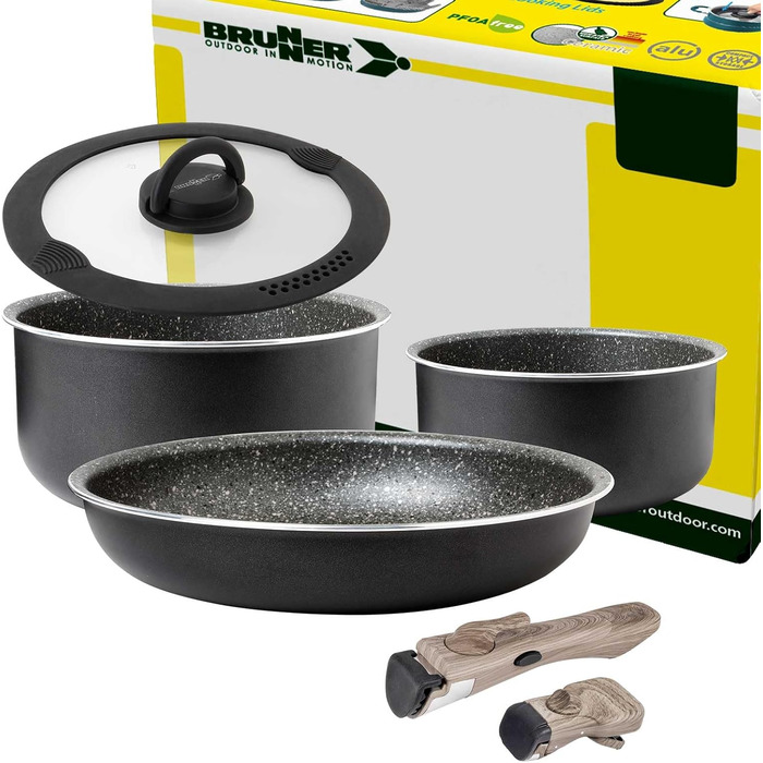 Набір посуду для кемпінгу BRUNNER з алюмінію (каструлі та сковорідки) - діаметр 20, 22, 24, 26 см, Pirate Vakublock, на 4 особи, з покриттям, легкий, високоякісний, стекується, 4+1 частина, міні діаметр 20 см (діаметр 26 см 5+2 частини)