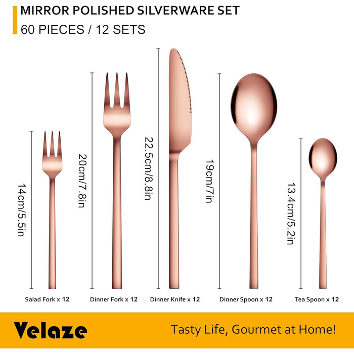 Ніжний набір столових приладів Velaze 24 шт. з нержавіючої сталі 18/10 для 6 осіб (ніж, виделка, ложка, чайна ложка) з подарунковою коробкою, придатний для миття в посудомийній машині
