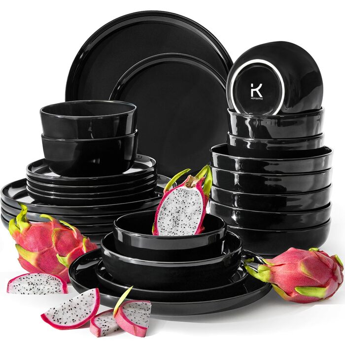 Набір посуду Konsimo VICTO на 6 осіб: 24-piece чорний глянцевий сервіз з 18 предметів з кераміки для сім'ї