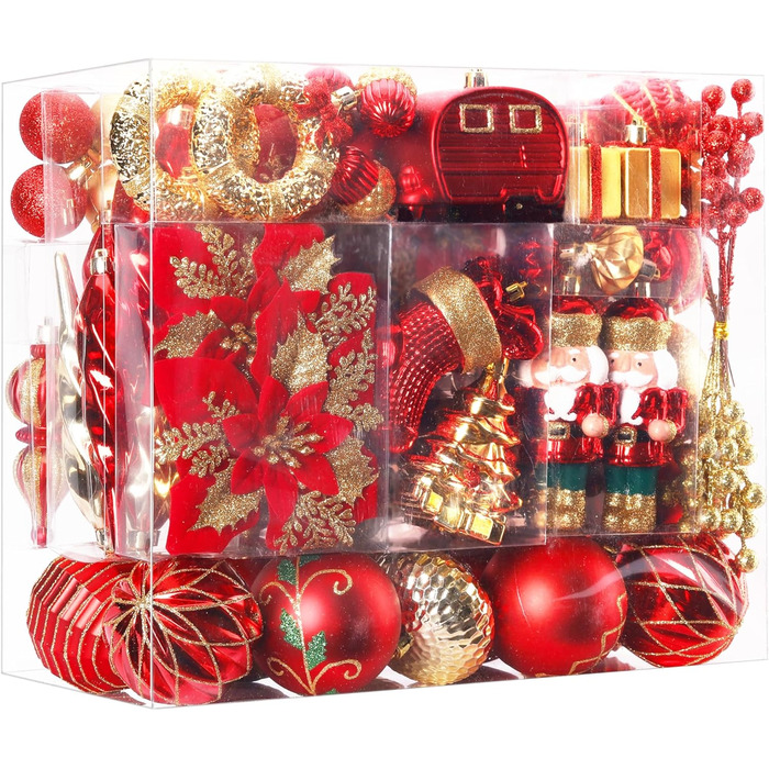 Набір прикрас на ялинку Shareconn 135 шт. – міцні ялинкові кулі з мотузкою, різні розміри та дизайни, декор для ялинки (червоний, зелений, золотий)