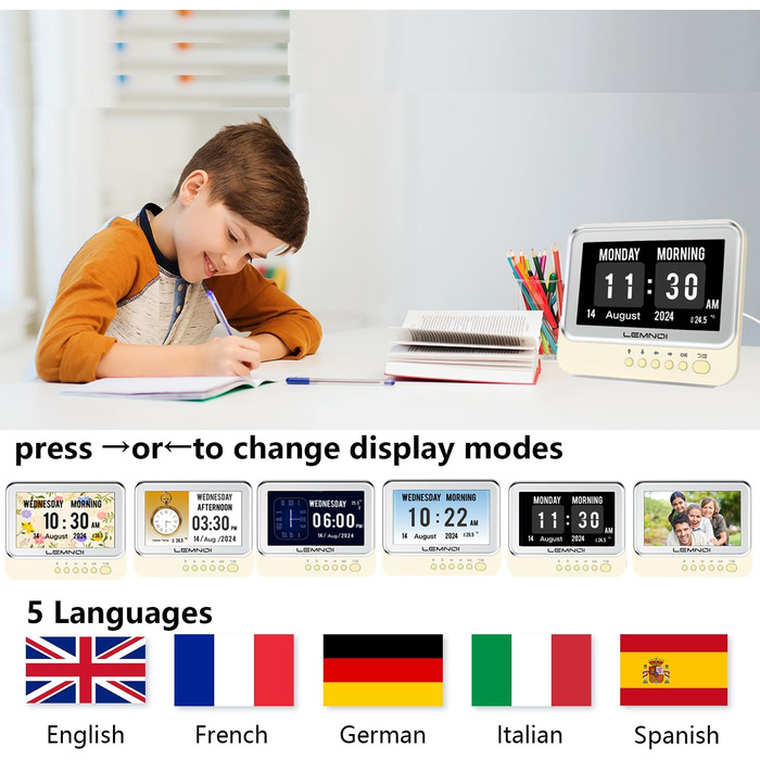 Lemnoi 7-Inch Digital Calendar, Senior Clock with Date and Day of the Week, Wall Clock for Dementia Patients with Temperature, 15 Alarms & Medication Reminder (white)