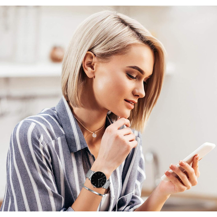 Жіночий годинник: аналоговий кварц, нержавіюча сталь, водонепроникний, сітка, ультратонкий комплект з браслетом (чорний корпус, срібний ремінець, срібний браслет)