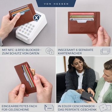 Шкіряний картхолдер VON HEESEN з RFID-захистом, портмоне для кредитних карток з наппа-шкіри, 9 відділень, унісекс (коньячний коричневий)