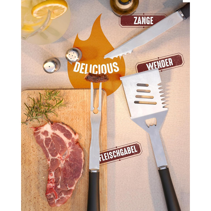 HORUS 23 Набір гриля з аксесуарами з нержавіючої сталі: щитківка, рукавиці для захисту від тепла, килимок для гриля - подарунок для чоловіків