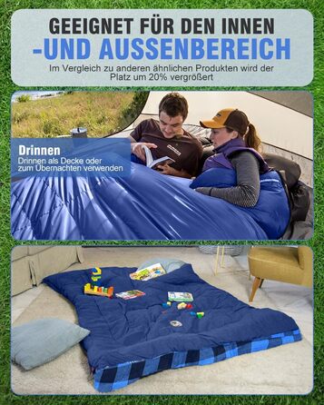 Спальний мішок для двох осіб з фланелі, 220 x 160 см, Outdoor, з двома подушками та сумкою для перенесення, блакитний