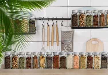 Набір банок для спецій ZEBEN® кутовий [25 шт 120мл] - 25 банок для спецій, мірний дозатор, етикетки, маркер, силіконовий воронка, щітка для чищення