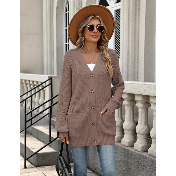 Жіночий в'язаний кардиган Zeagoo з довгим рукавом, вільний крій, V-подібний виріз, грубий в'язання, на кнопках, кавовий колір, розмір XL