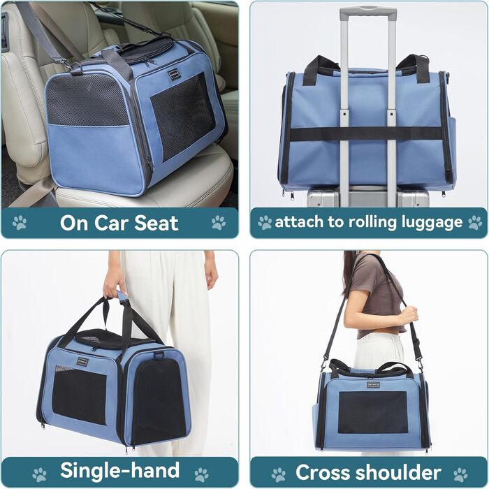 Транспортна переноска для котів та маленьких собак Petfit - легка переноска для подорожей літаком, з ременем безпеки та розширюваним килимком, блакитна (L)