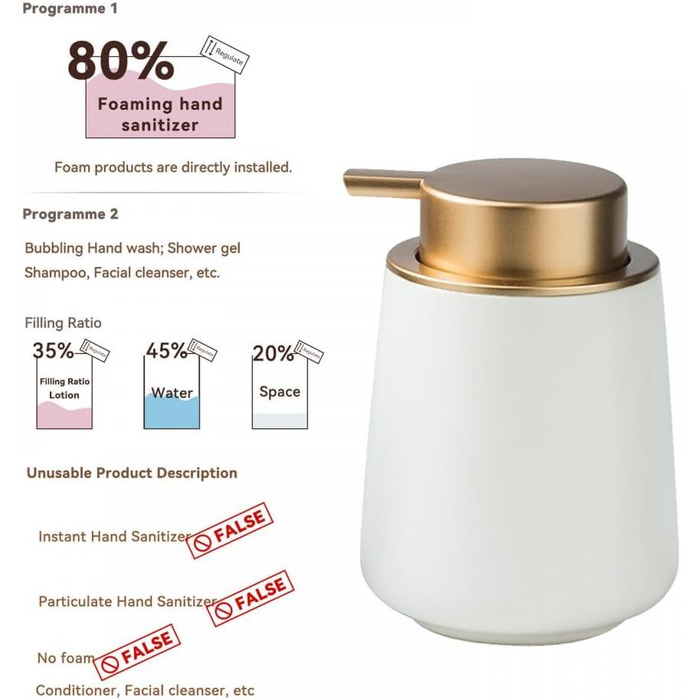 Дозатор для мила XUDREZ, керамічний, 380 мл, для кухні, наповнюваний, диспенсер для мила, пінного мила, шампуню, гелю для душу (C-white)