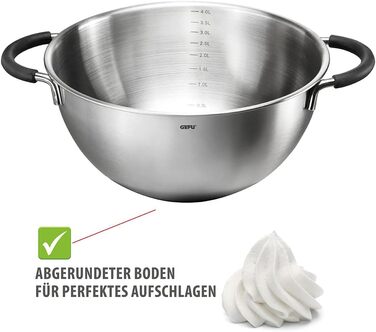 GEFU Mixing and Whisking Bowl MESCO – Stainless steel bowl with 4L volume, silicone handles & stand ring | With internal scale | Ø 24cm