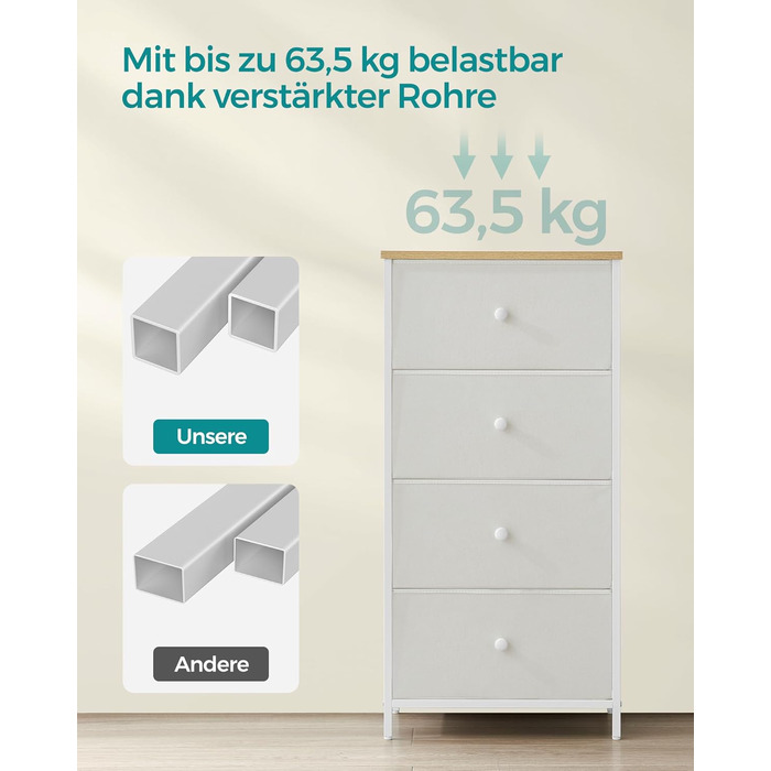 SONGMICS Chest of Drawers, Storage Cabinet with 4 Fabric Drawers, Metal Frame, Tall and Narrow, White-Oak Finish LTS314W57