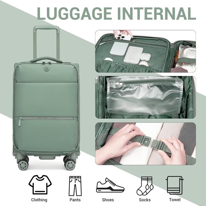 Чемодан Miss Lulu Handgepäck, 59.5 x 36.5 x 25 см, зелений, 32 л, з відділенням для мокрого одягу, на 4 колесах, для подорожей та бізнесу