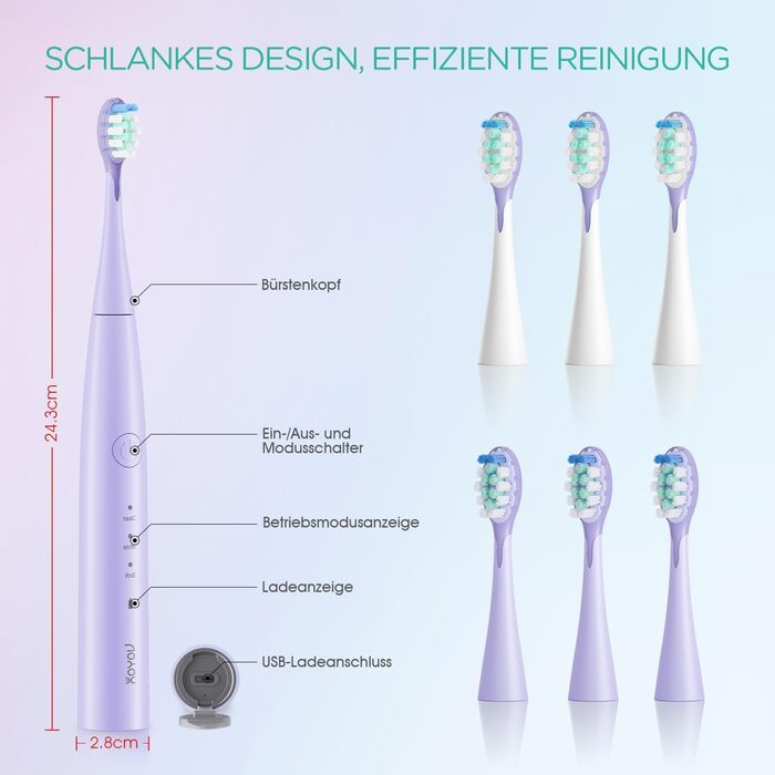 Електрична звукова зубна щітка Ultraschall ET110 (ліловий) - 41000VPM, 70 днів роботи, 6 насадок, таймер, IPX7