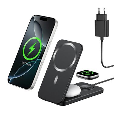 Магнітна зарядна станція 3-в-1 для Apple Watch, iPhone 17/16/15/14/13/12 та AirPods (Чорна) | MagSafe сумісна
