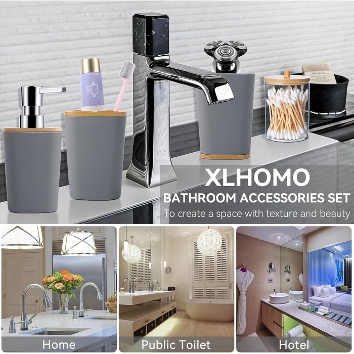 Набір аксесуарів для ванної кімнати, 9 предметів: сміттєвий бак, тримач для зубних щіток, стакан для зубних щіток, диспенсер для мила/лосьйону, полиця для раковини, мильниця, щітка для унітазу, тримач для ватних паличок (сірий, набір для ванної кімнати)