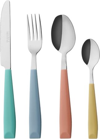 EXZACT 24-Piece Cutlery Set - Stainless Steel with Vividly Colored Plastic Handles - Comfortable to Hold - 6 x Forks, 6 x Knives, 6 x Dinner Spoons, 6 x Teaspoons (Mixed Color x 24)