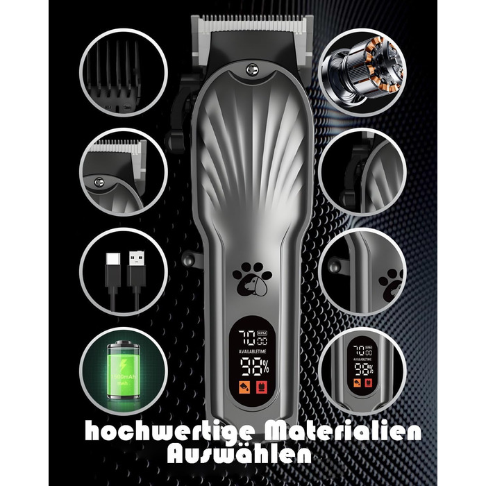 Професійна машинка для стрижки собак з щільним хутром, бездротова, тиха, з LED-дисплеєм, для довгого, товстого, тонкого, кучерявого та хвилястого хутра
