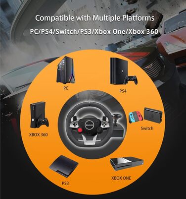 Руль для гонок VooFun з педалями, сумісний з PC, PS4, Switch, PS3, Xbox One/Xbox 360, 270°, програмовані кнопки, вібрація, чорний