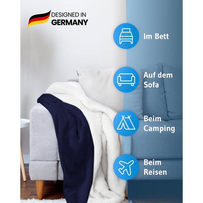 Пухова ковдра KAMI 150x200 см - тепла та м'яка ковдра з Sherpa для вітальні, дивану, ліжка. З кишенею для телефону та захистом від бруду. Велика, тепла зимова ковдра (Королівський синій)
