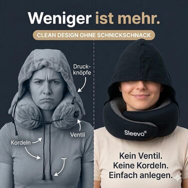 Подушка для шиї в літак з капюшоном та Memory Foam – Подушка-білка, для сну та подорожей – Ергономічна подушка для подорожей, захист від світла та пральна, з сумкою – Чорний (M) Чорний M