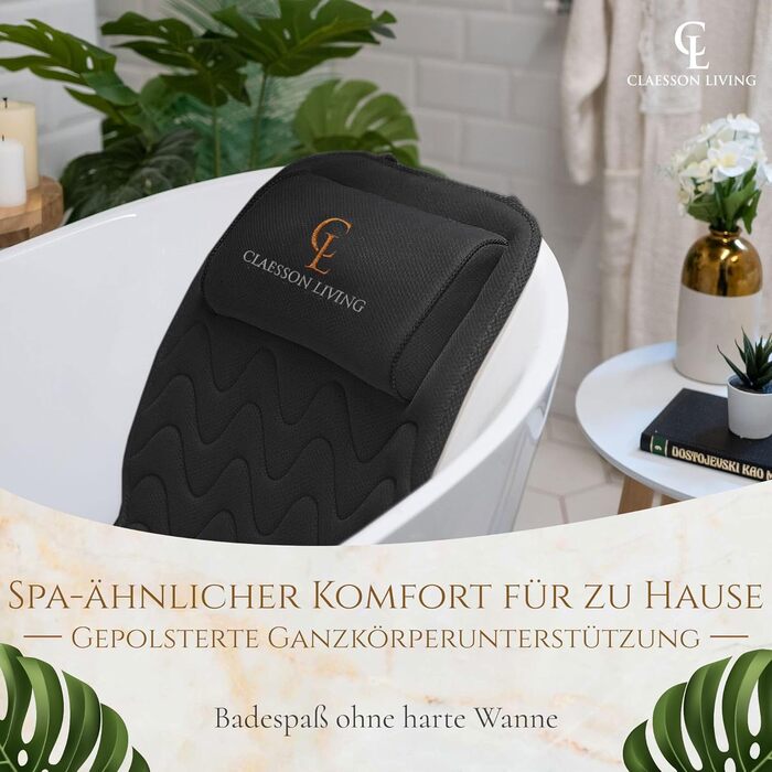 Bathtub Pillow Full Body Bath Pillow (125x43cm) - Bathtub Mat with Headrest Supports Neck, Back, and Legs - Includes Wash Bag and Travel Bag with Hanging Hooks for Quick Drying - White (Black)