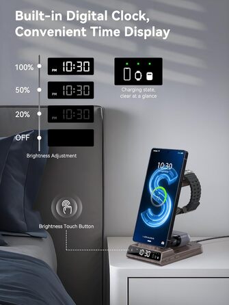 Бездротовий зарядний пристрій 3-в-1 для Samsung Galaxy S25 Ultra, Watch 8/7/Ultra, Buds, з цифровим годинником (дерев'яна текстура)