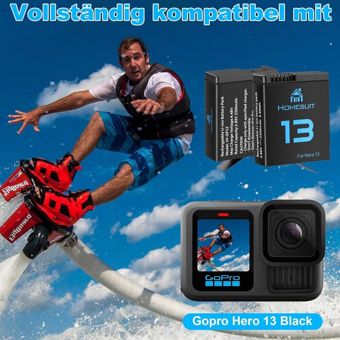 Зарядний комплект для GoPro Hero 13 Black: 2 акумулятори 2300mAh та швидке зарядне пристрій USB Type-C PD3.0 (2 шт.)