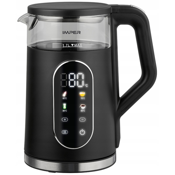Скляний електрочайник з регулюванням температури, LED-дисплей, 1.7л, 2200Вт, чорний