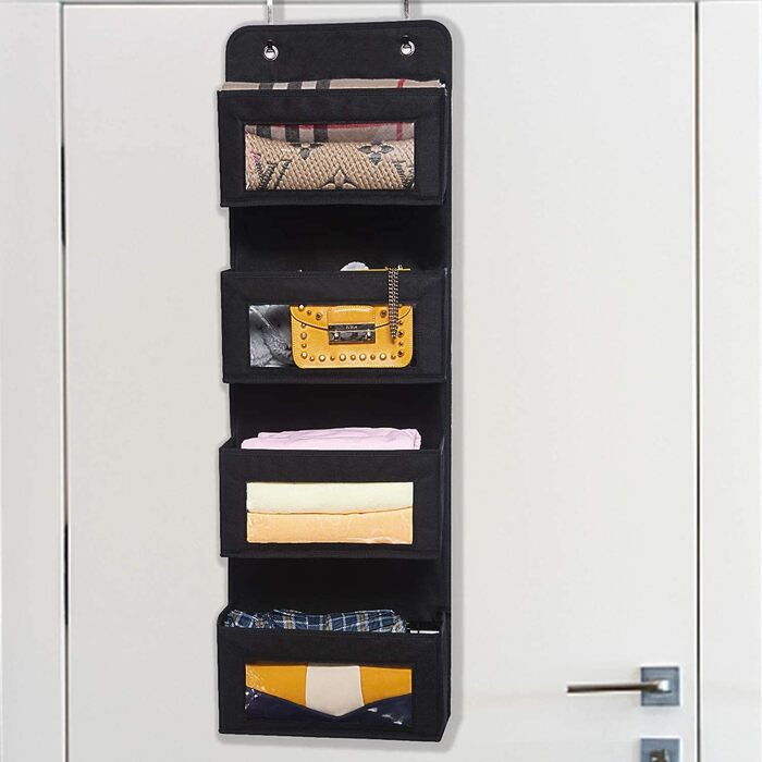 Настінна полиця BrilliantJo на двері, органайзер з 4 великими кишенями та прозорим вікном, чорний