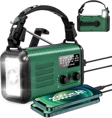Радіо на сонячній батареї та з ручним генератором, 20000 mAh, AM/FM/NOAA, з живленням від акумулятора, SOS-сигнал, ліхтарик та лампа для читання, для надзвичайних ситуацій, кемпінгу та ураганів