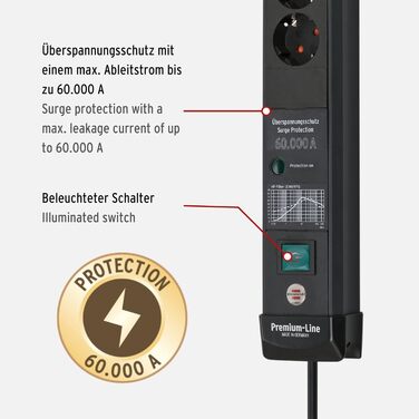 Бренненштуль Преміум-лайн: мережевий фільтр 6 виходів з захистом від перенапруги до 60 000A (з вимикачем та 3м кабелем, для монтажу на стіну, Made in Germany), чорний (струмопровід 60 000A, комплект мережевої стрічки)