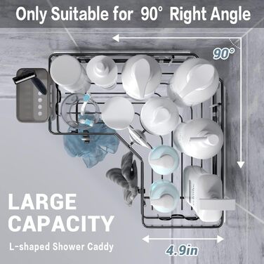 FINIBO Shower Shelf No Drilling, 2 Pack Adhesive Corner Shelf Bathroom Organizer, Shower Shelf Stainless Steel with 4 Hooks and 2 Toothpaste Holders, Black Shower Shelf Shower Basket for Bathroom Kitchen