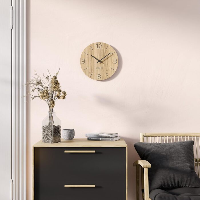 Cander Berlin MNU 2725 D Wall Clock Wood Silent 25 cm Modern Oak Veneer Vintage No Ticking Sounds Kitchen Living Room Analog