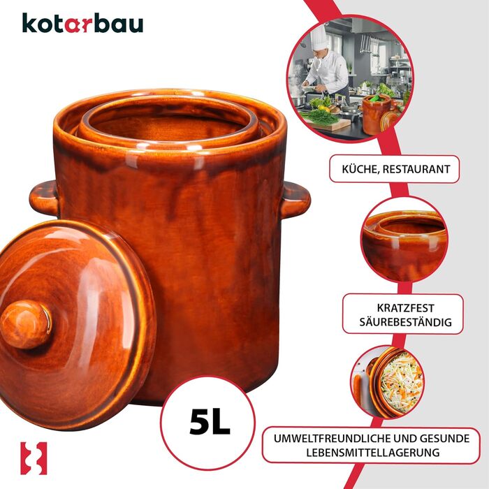 KOTARBAU® Garden Pot 5 L Brown Stoneware Pot with Airtight Lid Gherkin Pot Sauerkraut Pot Preserving Pot Ceramic Cask with Water Groove Stoneware Vessel