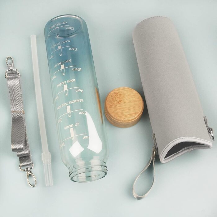 Drinking bottle, glass water bottle with straw and time markings, 900 ml, bottle with neoprene sleeve, gradient color, blue