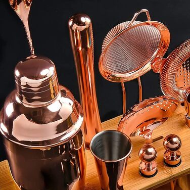 Набір для коктейлів Hansum, 18 предметів, нержавіюча сталь, рожеве золото, з дерев'яною підставкою для бармена