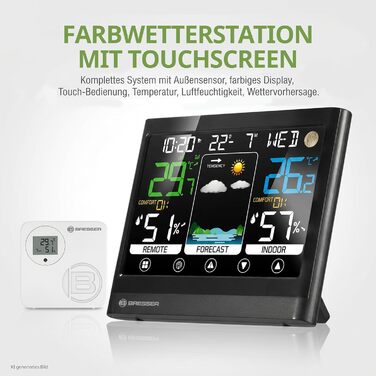 Метеостанція Bresser MeteoTemp BF з сенсорним дисплеєм, зовнішнім датчиком, прогнозом погоди, індикатором клімату, DCF-годинником та будильником