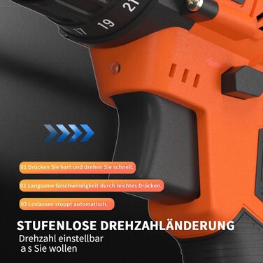 Акумуляторний шуруповерт-дрель 21V з набором аксесуарів для дому та саду (2 батареї, 45Nm, 25+1 ступнів, 2 швидкості)