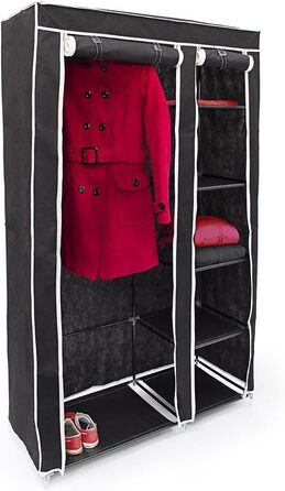Relaxdays Fabric Wardrobe with Clothes Rail & 5 Compartments, HBT: 174 x 107 x 42.5 cm, Sturdy Folding Wardrobe with Cover, (Black)