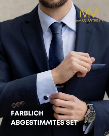 Набір краваток Massi Morino для чоловіків (з нагрудною хустиною, краваткозажимом та подарунковою коробкою) - темно блакитний, квадратний, для весілля