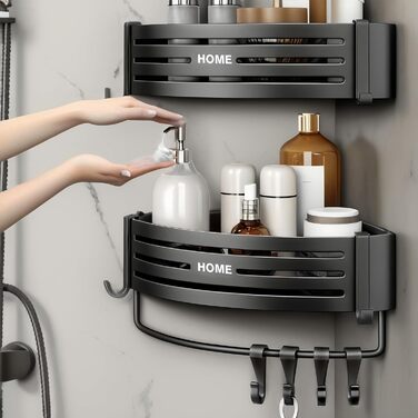 Дзеркальна поличка для душу Carehabi без свердління, 2 шт. з 8 гачками, чорна. Органайзер для ванної кімнати, кухні