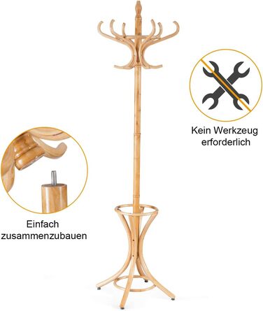 GIANTEX Coat Rack with Umbrella Stand, Clothes Rack Wood with 12 Clothes Hooks, Wooden Coat Tree Freestanding, Standing Coat Rack for Entryway Living Room (white) (natural)