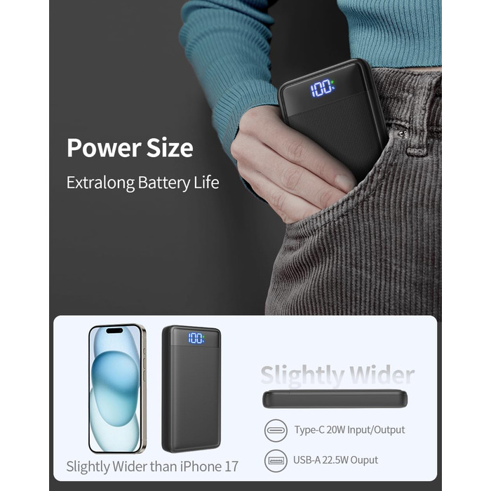 Power Bank 26800mAh 22.5W з USB-C PD3.0 QC4.0, Чорний - Зовнішній акумулятор для iPhone, iPad