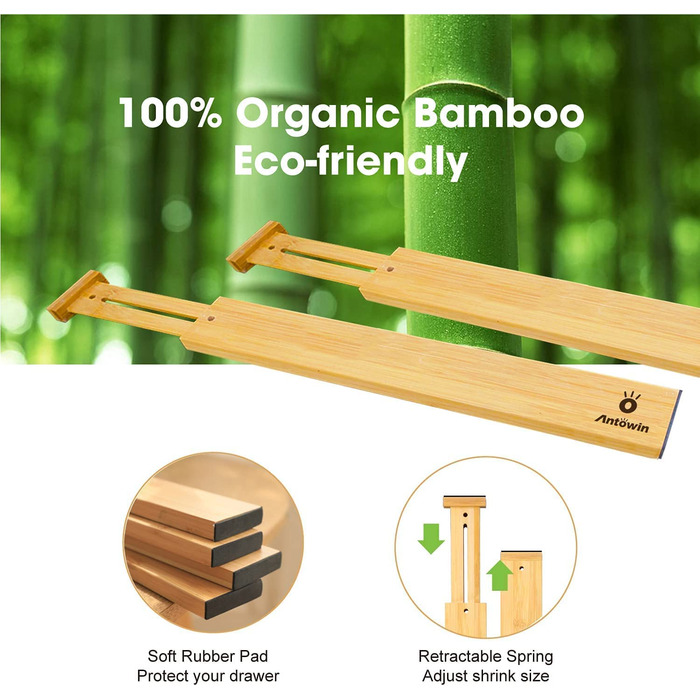 ANTOWIN 10 Pcs Adjustable Bamboo Drawer Dividers, Drawer Organizer, Spring-loaded, Kitchen, Dresser, Bathroom, Bedroom, Baby Drawer, Desk Organization System (43-56 cm) Natural
