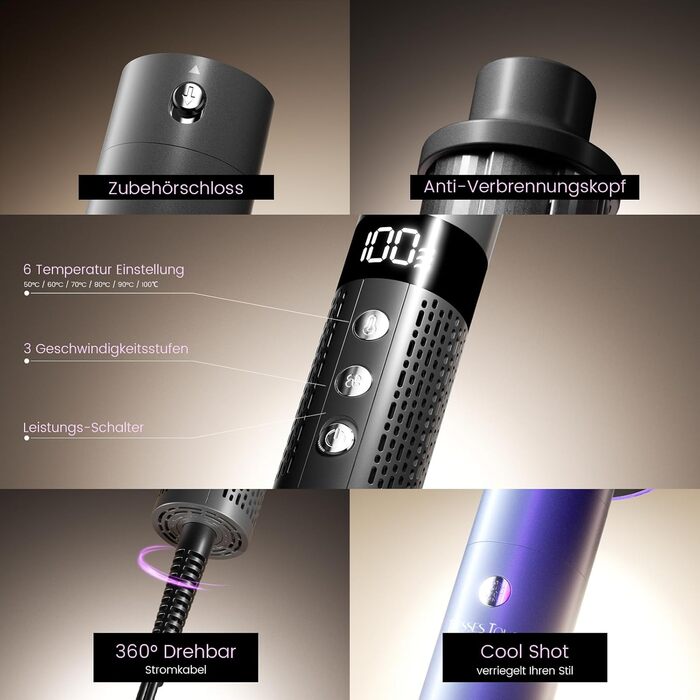 Фен-щітка Hairstyler 6 в 1: для локонів, об'єму, випрямлення та сушіння волосся, 1400W, 110000 обертів/хв, сірий