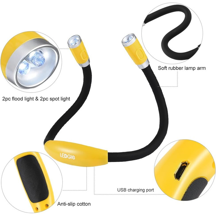 LED лампа на шию LEDGLE для читання, перезаряджувана, 3 режими яскравості, гнучка, 6500-7000K, жовтий світ