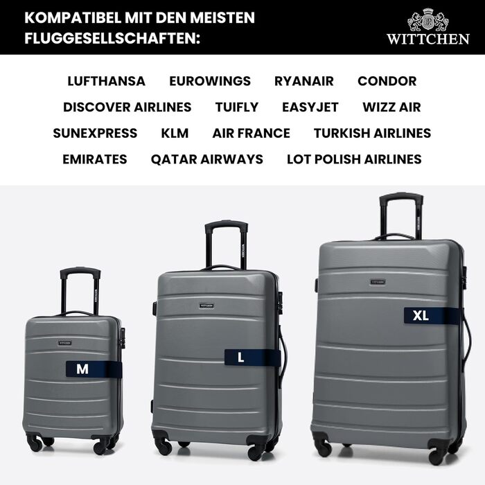 ВалізаWITTCHEN Globe Line сірого кольору (4 шт.): велика, середній, маленька, ручна. ABS, телескопічна ручка, кодовий замок, 4 колеса
