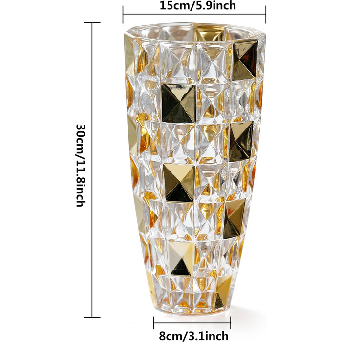 Ваза для квітів ручної роботи у формі діаманта, позолочена скляна ваза 29.5 см для декору дому, весілля, офісу та святкування