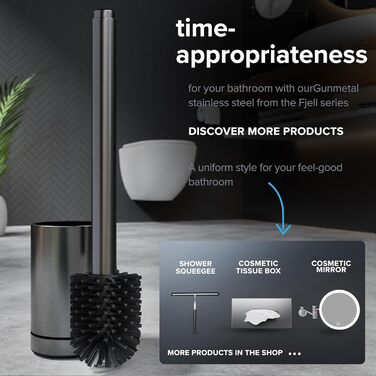 Торцева щітка для унітазу Arosund | Силіконова щітка для унітазу | З вентиляцією | Свободно стояча | Головка щітки з нержавіючої сталі | З резервуаром для мийного засобу | Знімний піддон для крапель | Щітка для унітазу (Gunmetal)