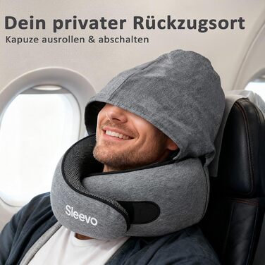 Подушка для шиї в літак з капюшоном та Memory Foam – Подушка-білка, подушка для сну та подорожей – Ергономічна подушка для подорожей, захист від світла & Пральна, з сумкою – Чорний (M) (Сірий M)